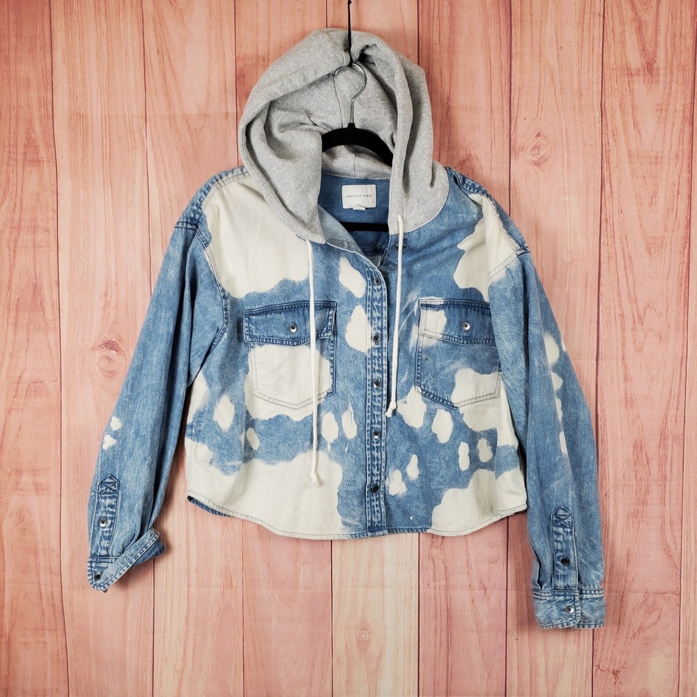 American Eagle Shacket Size L Denim Bleached Cropped Hooded Jean Jacket‎